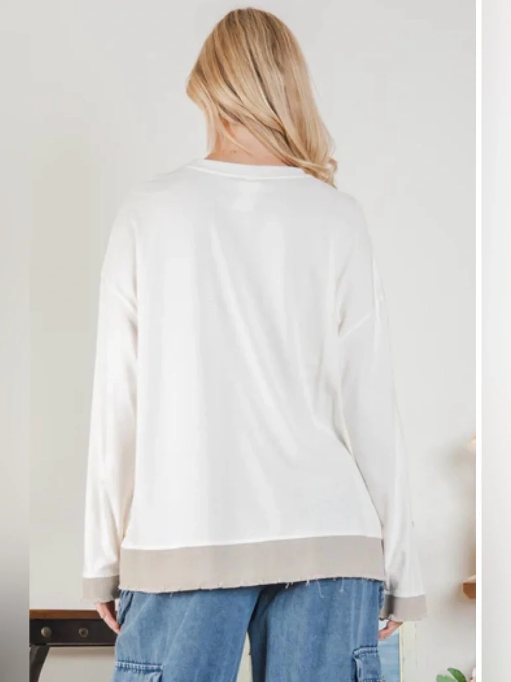 Blue Velvet Distressed Star Patch Long Sleeve Tee, Natural, Size L/XL - Picture 2 of 4